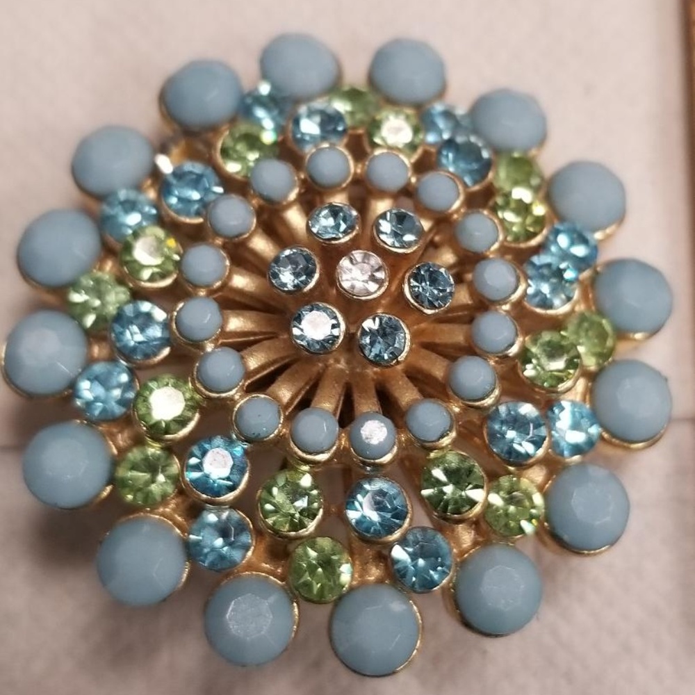 Vintage Blue Resin and Green Crystal Brooch